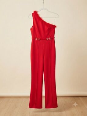 Source Unknown Red One-Shoulder Jumpsuit with Faux Fur Trim